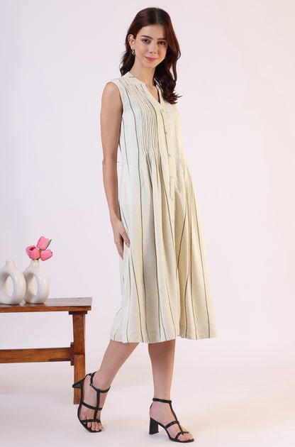Off -White Striped Cotton Blend Flared Western Dress - Image 3