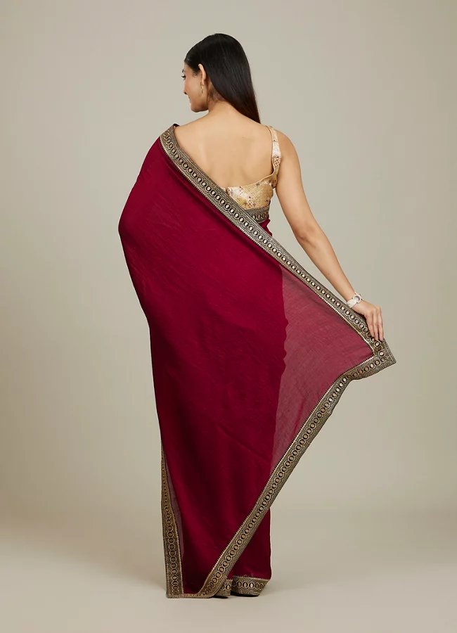 Rose Red Embroidered Border Saree - Image 3