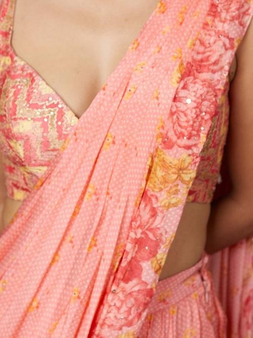 Coral Blue Rose Pre-Draped Saree - Image 5